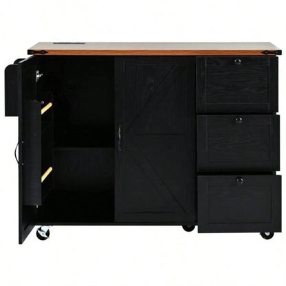 54.5 Farmhouse Kitchen Island with Power Outlet, Kitchen Storage Island with Internal Storage Rack, Drop Leaf, Spice Rack, Rolling Kitchen Cart on Wheels, Home, Kitchen and Dining Room, Black