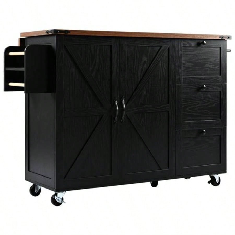 54.5 Farmhouse Kitchen Island with Power Outlet, Kitchen Storage Island with Internal Storage Rack, Drop Leaf, Spice Rack, Rolling Kitchen Cart on Wheels, Home, Kitchen and Dining Room, Black