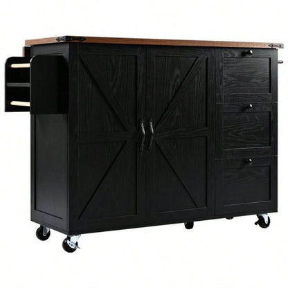 54.5 Farmhouse Kitchen Island with Power Outlet, Kitchen Storage Island with Internal Storage Rack, Drop Leaf, Spice Rack, Rolling Kitchen Cart on Wheels, Home, Kitchen and Dining Room, Black