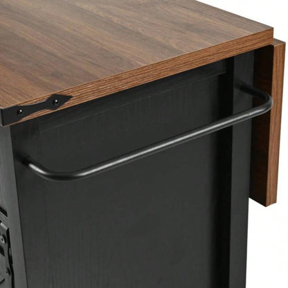 53. Farmhouse Kitchen Island with Power Outlet, 2 Sliding Barn Door Kitchen Storage Island with Drop Leaf, Spice Rack Rolling Kitchen Cart on Wheels, Home, Kitchen and Dining Room, Black