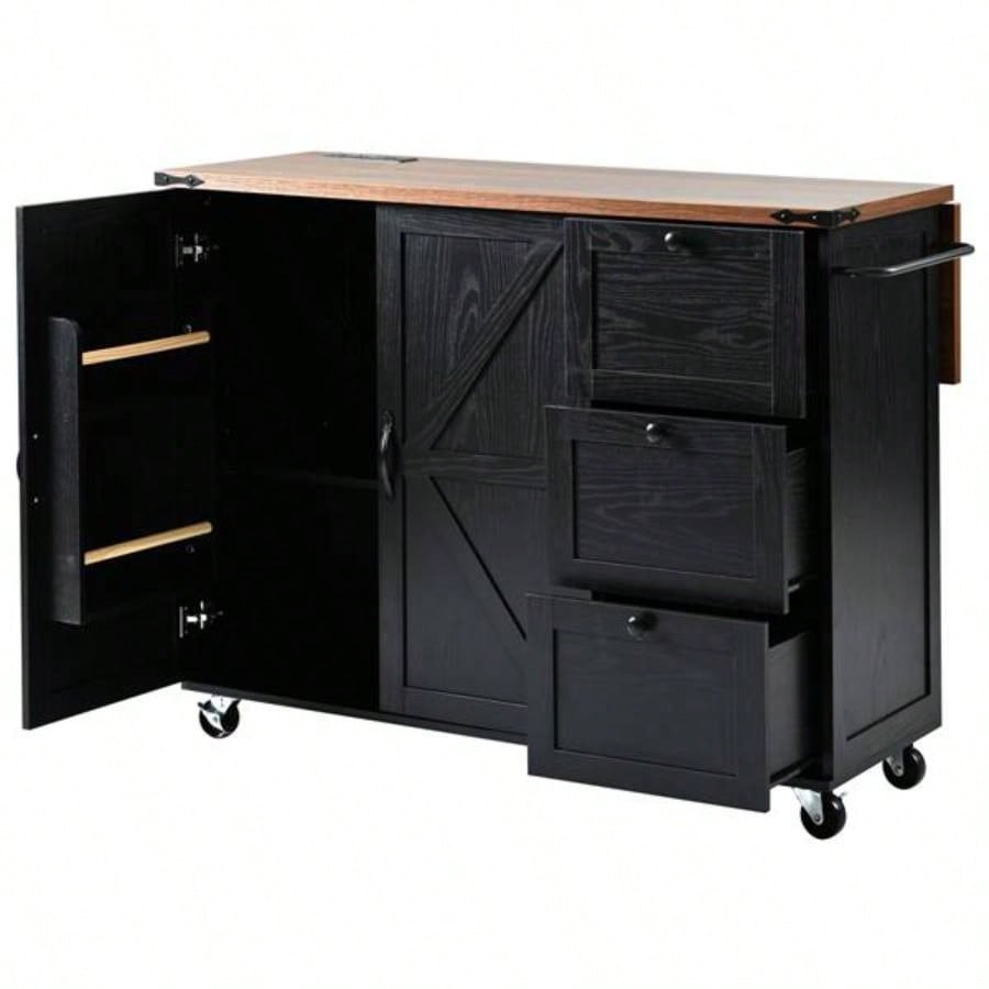 54.5 Farmhouse Kitchen Island with Power Outlet, Kitchen Storage Island with Internal Storage Rack, Drop Leaf, Spice Rack, Rolling Kitchen Cart on Wheels, Home, Kitchen and Dining Room, Black