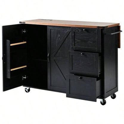 54.5 Farmhouse Kitchen Island with Power Outlet, Kitchen Storage Island with Internal Storage Rack, Drop Leaf, Spice Rack, Rolling Kitchen Cart on Wheels, Home, Kitchen and Dining Room, Black