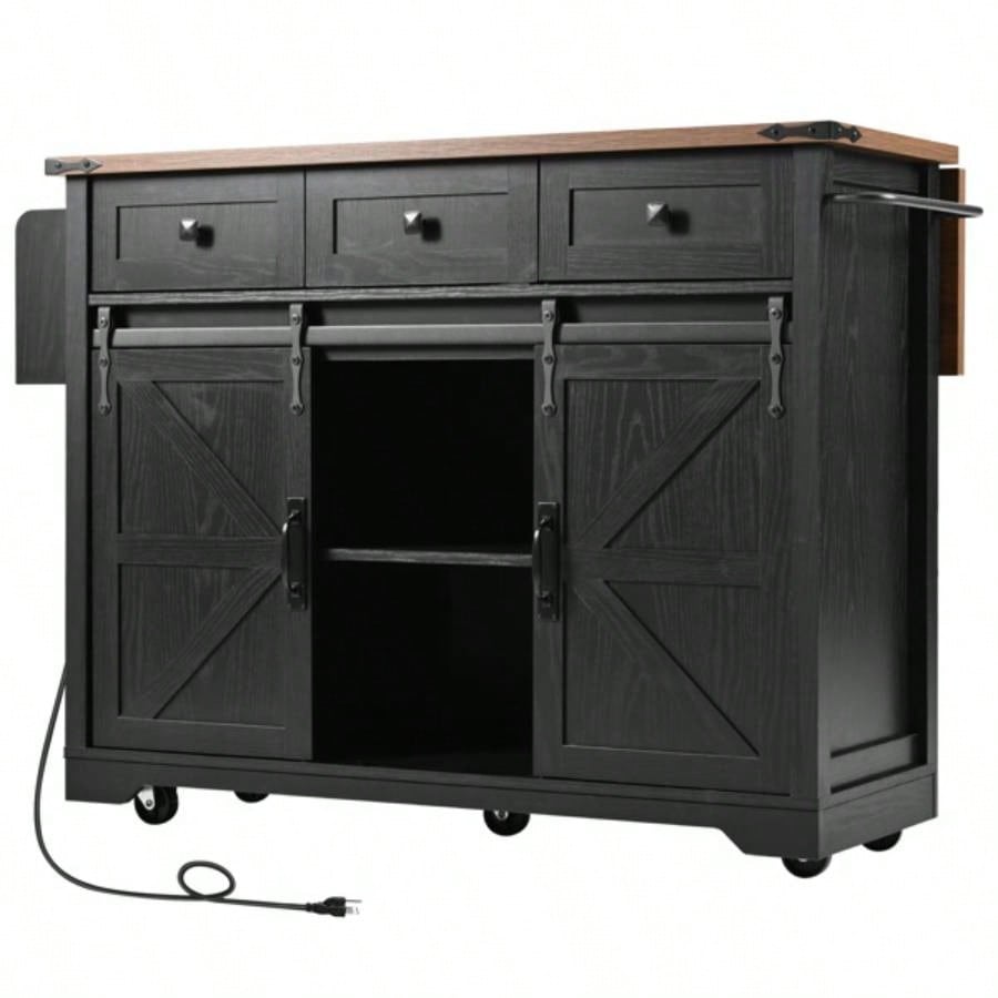 53. Farmhouse Kitchen Island with Power Outlet, 2 Sliding Barn Door Kitchen Storage Island with Drop Leaf, Spice Rack Rolling Kitchen Cart on Wheels, Home, Kitchen and Dining Room, Black