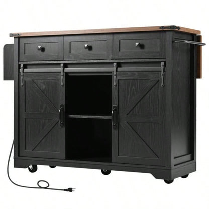 53. Farmhouse Kitchen Island with Power Outlet, 2 Sliding Barn Door Kitchen Storage Island with Drop Leaf, Spice Rack Rolling Kitchen Cart on Wheels, Home, Kitchen and Dining Room, Black