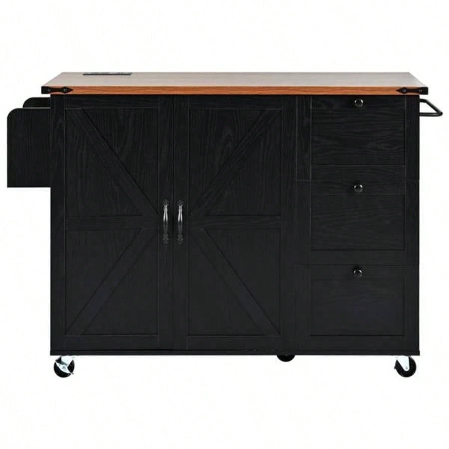 54.5 Farmhouse Kitchen Island with Power Outlet, Kitchen Storage Island with Internal Storage Rack, Drop Leaf, Spice Rack, Rolling Kitchen Cart on Wheels, Home, Kitchen and Dining Room, Black
