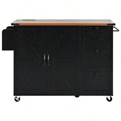 54.5 Farmhouse Kitchen Island with Power Outlet, Kitchen Storage Island with Internal Storage Rack, Drop Leaf, Spice Rack, Rolling Kitchen Cart on Wheels, Home, Kitchen and Dining Room, Black