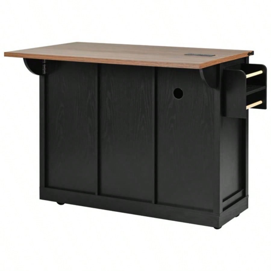 53. Farmhouse Kitchen Island with Power Outlet, 2 Sliding Barn Door Kitchen Storage Island with Drop Leaf, Spice Rack Rolling Kitchen Cart on Wheels, Home, Kitchen and Dining Room, Black