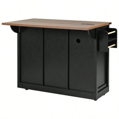 53. Farmhouse Kitchen Island with Power Outlet, 2 Sliding Barn Door Kitchen Storage Island with Drop Leaf, Spice Rack Rolling Kitchen Cart on Wheels, Home, Kitchen and Dining Room, Black