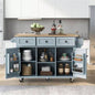 Kitchen Cart with Rubber wood Drop - Leaf Countertop, Cabinet door internal storage racks, Kitchen Island on 5 Wheels with Storage Cabinet and 3 Drawers Dinning Room, Blue