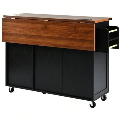 54.5 Farmhouse Kitchen Island with Power Outlet, Kitchen Storage Island with Internal Storage Rack, Drop Leaf, Spice Rack, Rolling Kitchen Cart on Wheels, Home, Kitchen and Dining Room, Black