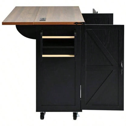 54.5 Farmhouse Kitchen Island with Power Outlet, Kitchen Storage Island with Internal Storage Rack, Drop Leaf, Spice Rack, Rolling Kitchen Cart on Wheels, Home, Kitchen and Dining Room, Black
