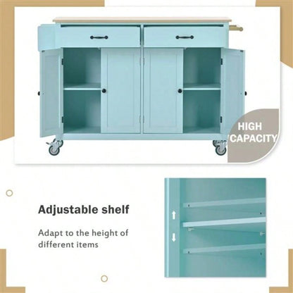 Kitchen Island Cart with 4 Door Cabinet and Two Drawers and 2 Locking Wheels - Solid Wood Top, Adjustable Shelves, Spice Towel RackMint Green