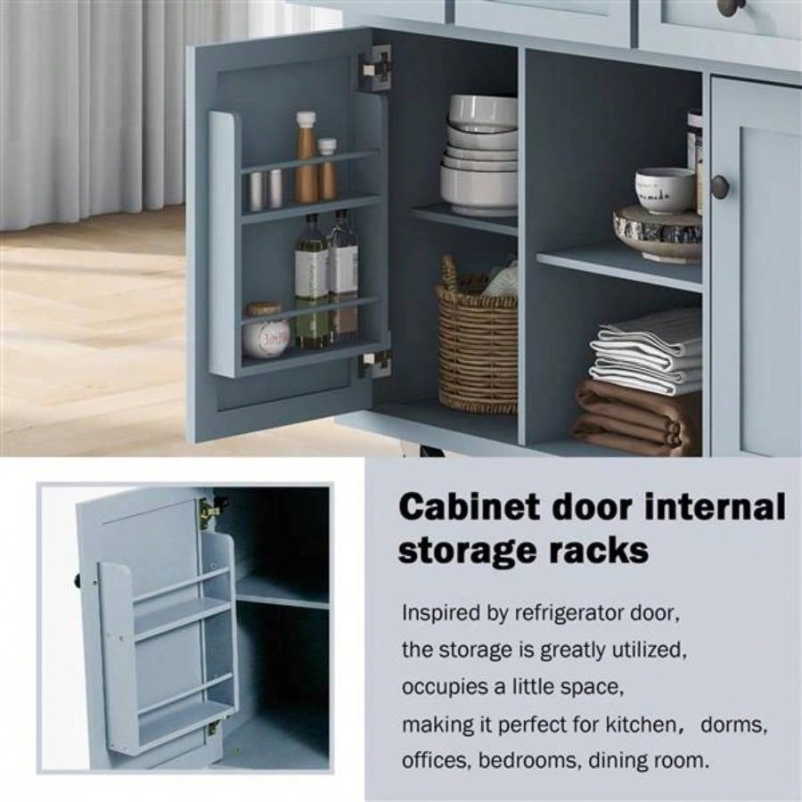 Kitchen Cart with Rubber wood Drop - Leaf Countertop, Cabinet door internal storage racks, Kitchen Island on 5 Wheels with Storage Cabinet and 3 Drawers Dinning Room, Blue