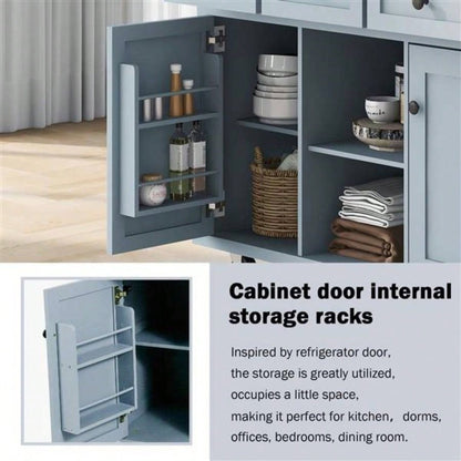 Kitchen Cart with Rubber wood Drop - Leaf Countertop, Cabinet door internal storage racks, Kitchen Island on 5 Wheels with Storage Cabinet and 3 Drawers Dinning Room, Blue