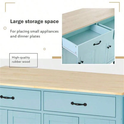 Kitchen Island Cart with 4 Door Cabinet and Two Drawers and 2 Locking Wheels - Solid Wood Top, Adjustable Shelves, Spice Towel RackMint Green