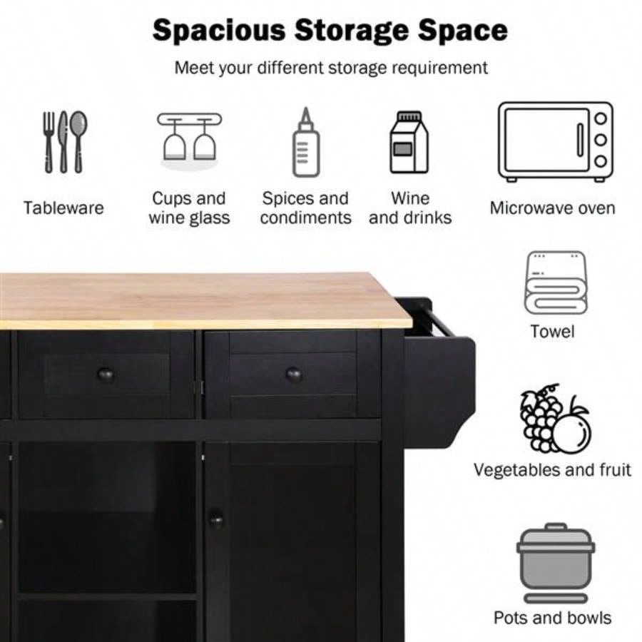 Kitchen Cart with Rubber wood Drop - Leaf Countertop, Cabinet door internal storage racks, Kitchen Island on 5 Wheels with Storage Cabinet and 3 Drawers Dinning Room, Black