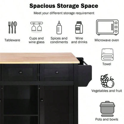 Kitchen Cart with Rubber wood Drop - Leaf Countertop, Cabinet door internal storage racks, Kitchen Island on 5 Wheels with Storage Cabinet and 3 Drawers Dinning Room, Black