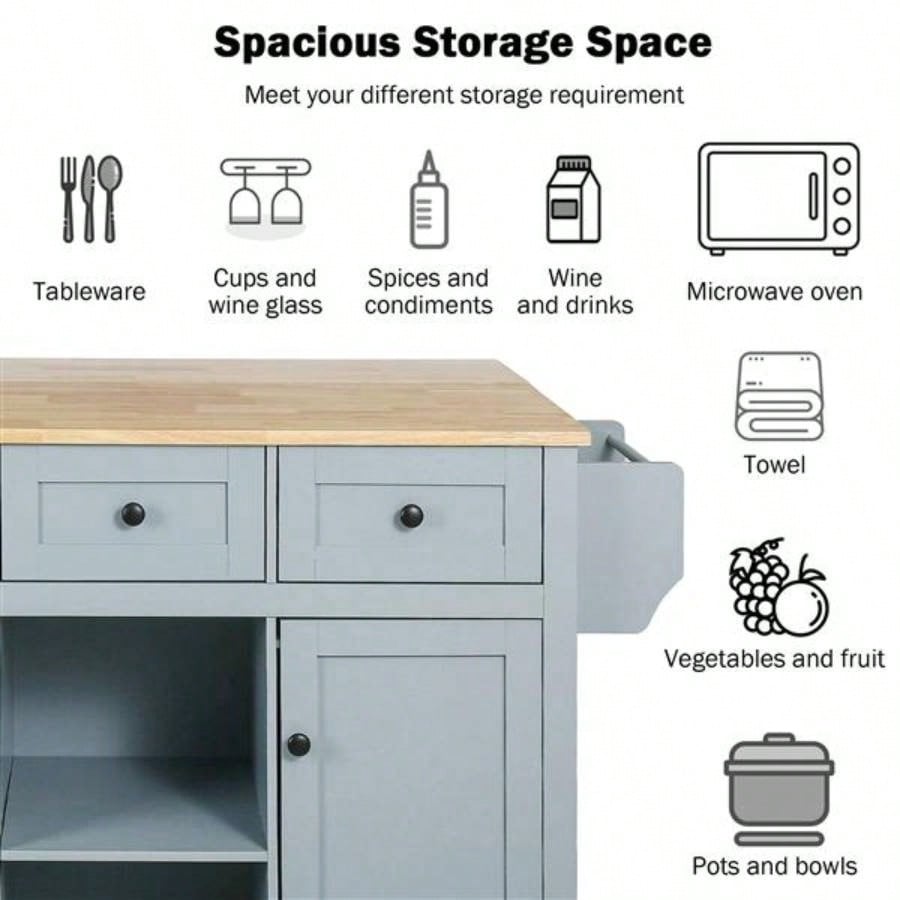 Kitchen Cart with Rubber wood Drop - Leaf Countertop, Cabinet door internal storage racks, Kitchen Island on 5 Wheels with Storage Cabinet and 3 Drawers Dinning Room, Blue