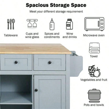 Kitchen Cart with Rubber wood Drop - Leaf Countertop, Cabinet door internal storage racks, Kitchen Island on 5 Wheels with Storage Cabinet and 3 Drawers Dinning Room, Blue