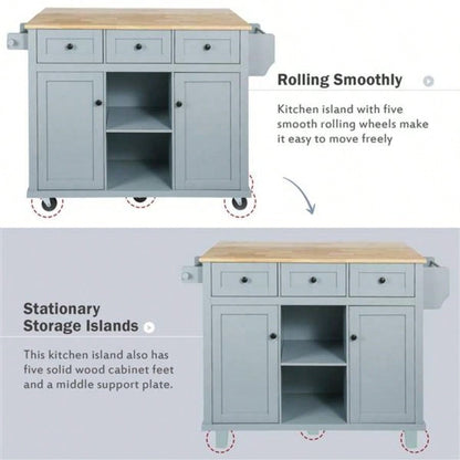 Kitchen Cart with Rubber wood Drop - Leaf Countertop, Cabinet door internal storage racks, Kitchen Island on 5 Wheels with Storage Cabinet and 3 Drawers Dinning Room, Blue