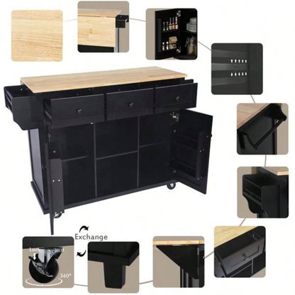 Kitchen Cart with Rubber wood Drop - Leaf Countertop, Cabinet door internal storage racks, Kitchen Island on 5 Wheels with Storage Cabinet and 3 Drawers Dinning Room, Black