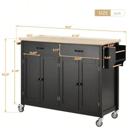 Kitchen Island Cart with Solid Wood Top and Locking Wheels, 54.3 Inch Width, 4 Door Cabinet and Two Drawers, Spice Rack, Towel Rack Black