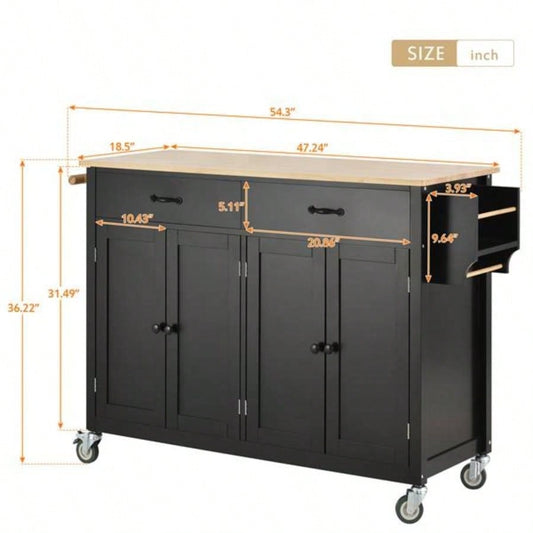 Kitchen Island Cart with Solid Wood Top and Locking Wheels, 54.3 Inch Width, 4 Door Cabinet and Two Drawers, Spice Rack, Towel Rack Black