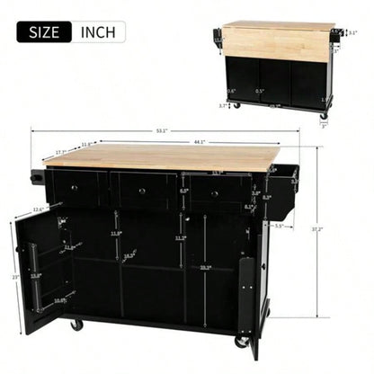 Kitchen Cart with Rubber wood Drop - Leaf Countertop, Cabinet door internal storage racks, Kitchen Island on 5 Wheels with Storage Cabinet and 3 Drawers Dinning Room, Black