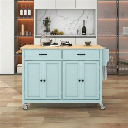 Kitchen Island Cart with 4 Door Cabinet and Two Drawers and 2 Locking Wheels - Solid Wood Top, Adjustable Shelves, Spice Towel RackMint Green