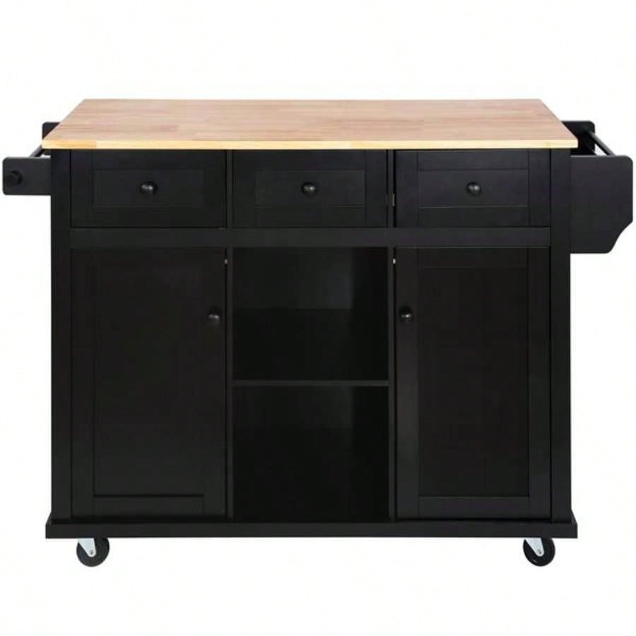 Kitchen Cart with Rubber wood Drop - Leaf Countertop, Cabinet door internal storage racks, Kitchen Island on 5 Wheels with Storage Cabinet and 3 Drawers Dinning Room, Black