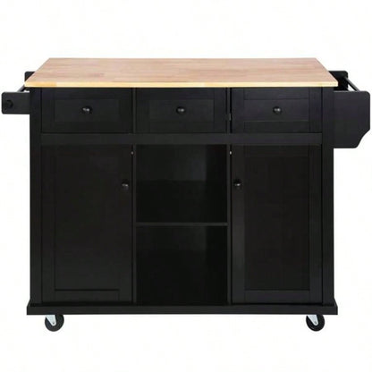 Kitchen Cart with Rubber wood Drop - Leaf Countertop, Cabinet door internal storage racks, Kitchen Island on 5 Wheels with Storage Cabinet and 3 Drawers Dinning Room, Black