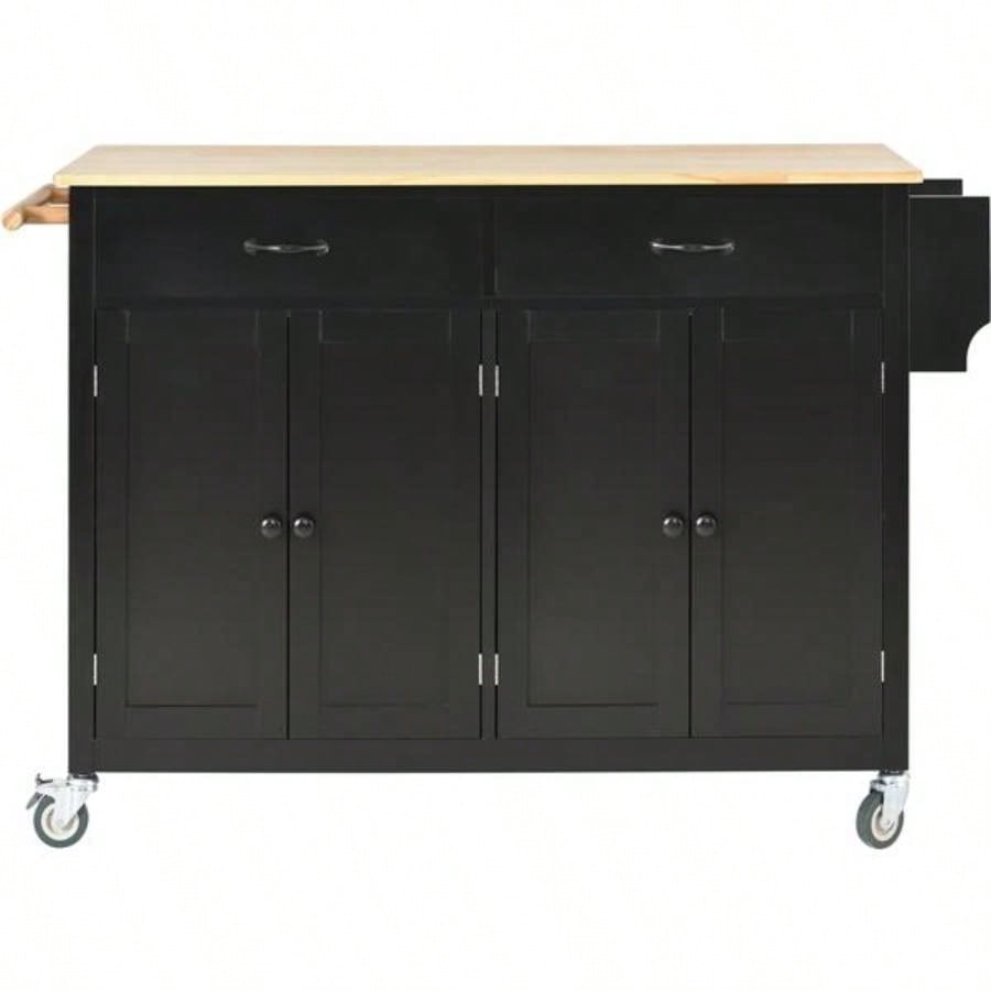 Kitchen Island Cart with Solid Wood Top and Locking Wheels, 54.3 Inch Width, 4 Door Cabinet and Two Drawers, Spice Rack, Towel Rack Black