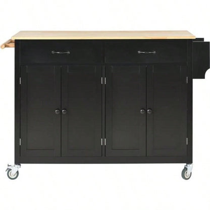 Kitchen Island Cart with Solid Wood Top and Locking Wheels, 54.3 Inch Width, 4 Door Cabinet and Two Drawers, Spice Rack, Towel Rack Black