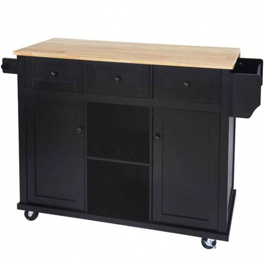 Kitchen Cart with Rubber wood Drop - Leaf Countertop, Cabinet door internal storage racks, Kitchen Island on 5 Wheels with Storage Cabinet and 3 Drawers Dinning Room, Black
