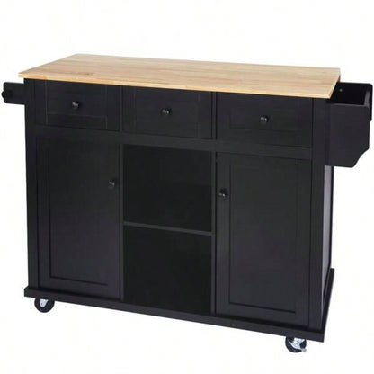 Kitchen Cart with Rubber wood Drop - Leaf Countertop, Cabinet door internal storage racks, Kitchen Island on 5 Wheels with Storage Cabinet and 3 Drawers Dinning Room, Black