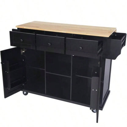 Kitchen Cart with Rubber wood Drop - Leaf Countertop, Cabinet door internal storage racks, Kitchen Island on 5 Wheels with Storage Cabinet and 3 Drawers Dinning Room, Black