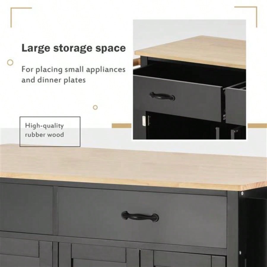 Kitchen Island Cart with Solid Wood Top and Locking Wheels, 54.3 Inch Width, 4 Door Cabinet and Two Drawers, Spice Rack, Towel Rack Black