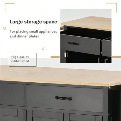Kitchen Island Cart with Solid Wood Top and Locking Wheels, 54.3 Inch Width, 4 Door Cabinet and Two Drawers, Spice Rack, Towel Rack Black