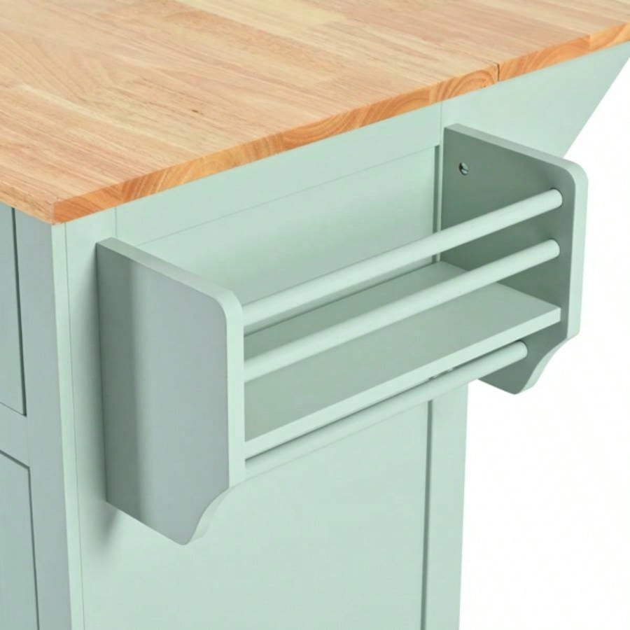 Kitchen Cart with Rubber wood Drop - Leaf Countertop, Cabinet door internal storage racks, Kitchen Island on 5 Wheels with Storage Cabinet and 3 Drawers Dinning Room, Mint Green