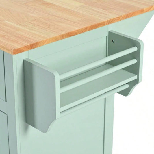 Kitchen Cart with Rubber wood Drop - Leaf Countertop, Cabinet door internal storage racks, Kitchen Island on 5 Wheels with Storage Cabinet and 3 Drawers Dinning Room, Mint Green