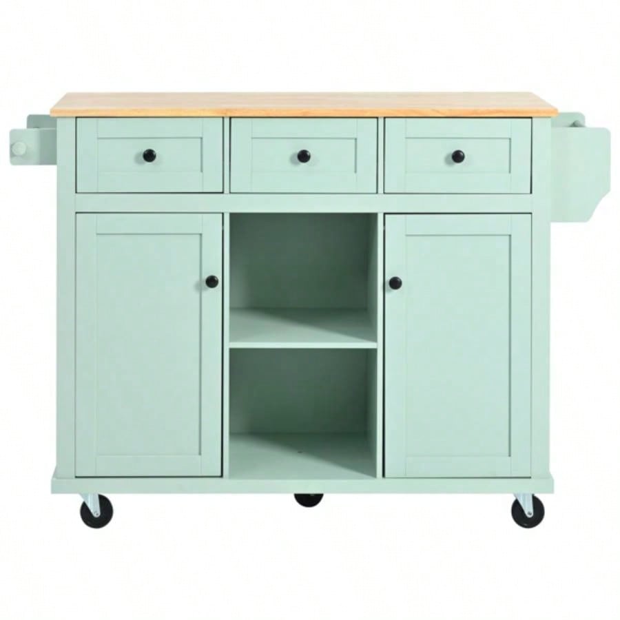 Kitchen Cart with Rubber wood Drop - Leaf Countertop, Cabinet door internal storage racks, Kitchen Island on 5 Wheels with Storage Cabinet and 3 Drawers Dinning Room, Mint Green