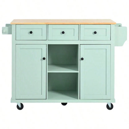 Kitchen Cart with Rubber wood Drop - Leaf Countertop, Cabinet door internal storage racks, Kitchen Island on 5 Wheels with Storage Cabinet and 3 Drawers Dinning Room, Mint Green