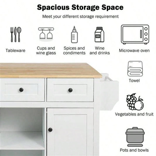 Kitchen Cart with Rubber wood Drop - Leaf Countertop, Cabinet door internal storage racks, Kitchen Island on 5 Wheels with Storage Cabinet and 3 Drawers Dinning Room, White