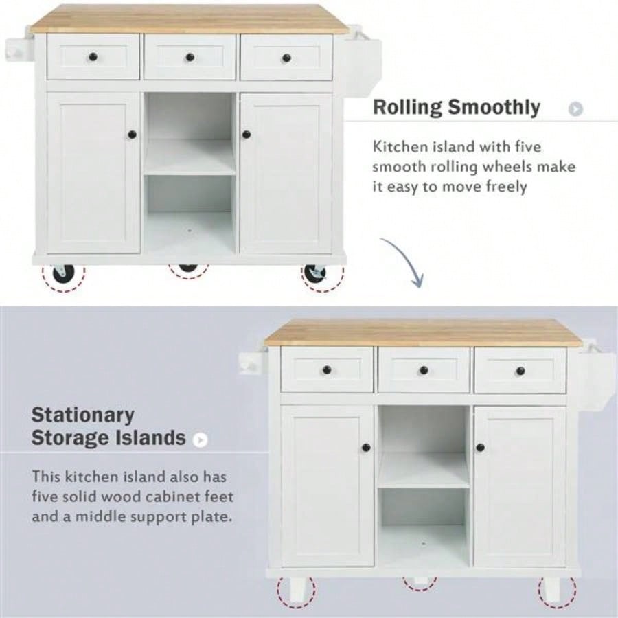 Kitchen Cart with Rubber wood Drop - Leaf Countertop, Cabinet door internal storage racks, Kitchen Island on 5 Wheels with Storage Cabinet and 3 Drawers Dinning Room, White
