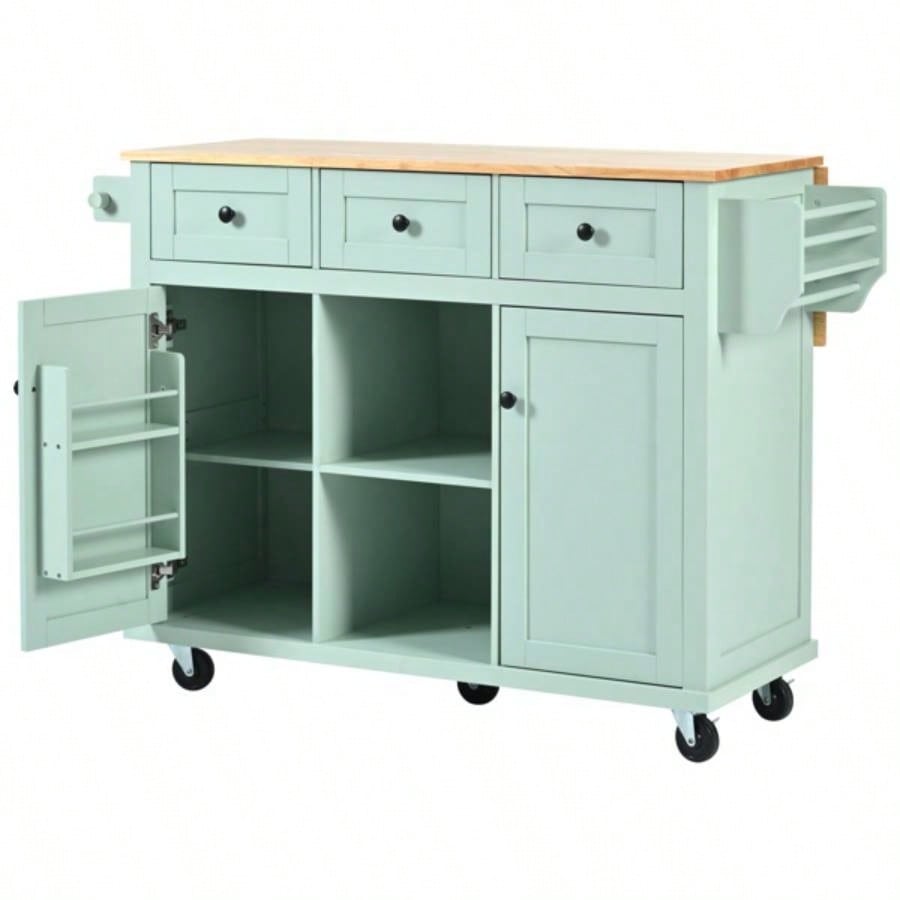 Kitchen Cart with Rubber wood Drop - Leaf Countertop, Cabinet door internal storage racks, Kitchen Island on 5 Wheels with Storage Cabinet and 3 Drawers Dinning Room, Mint Green
