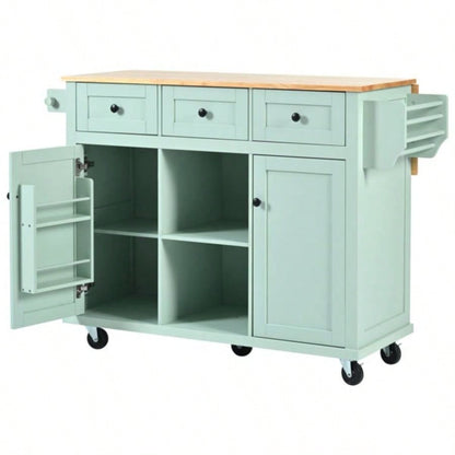 Kitchen Cart with Rubber wood Drop - Leaf Countertop, Cabinet door internal storage racks, Kitchen Island on 5 Wheels with Storage Cabinet and 3 Drawers Dinning Room, Mint Green