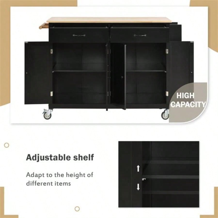 Kitchen Island Cart with Solid Wood Top and Locking Wheels, 54.3 Inch Width, 4 Door Cabinet and Two Drawers, Spice Rack, Towel Rack Black