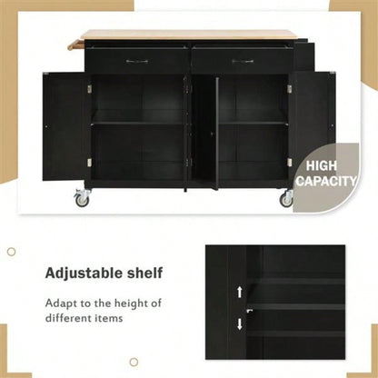 Kitchen Island Cart with Solid Wood Top and Locking Wheels, 54.3 Inch Width, 4 Door Cabinet and Two Drawers, Spice Rack, Towel Rack Black