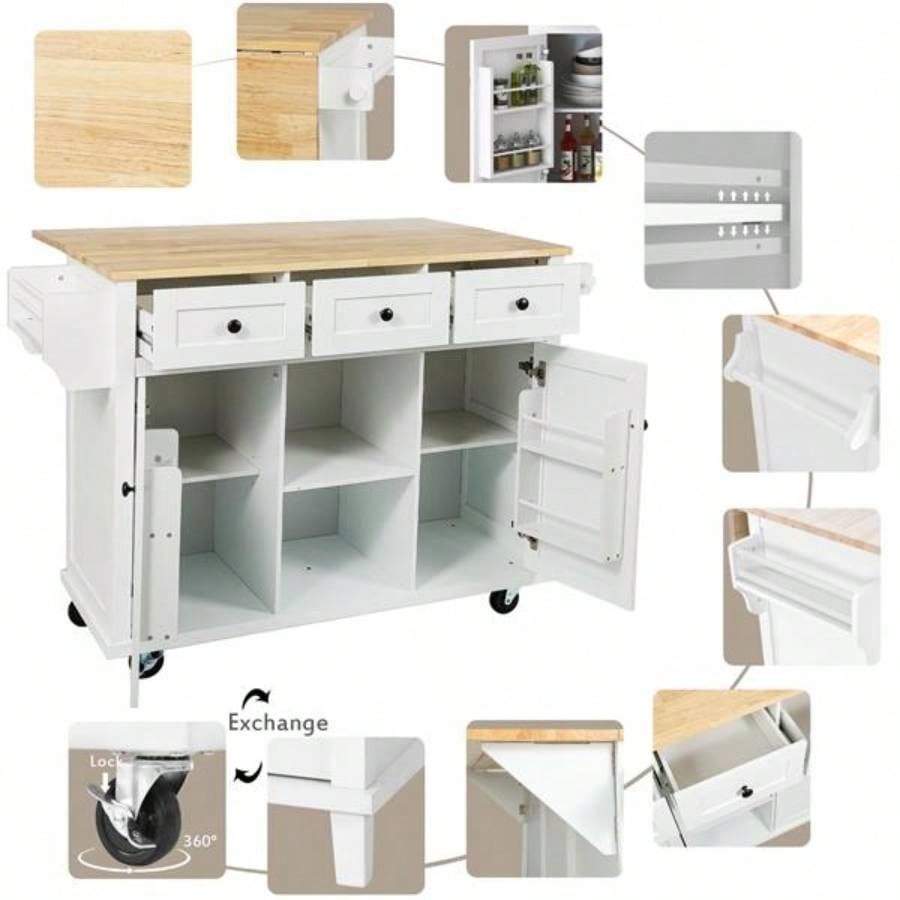 Kitchen Cart with Rubber wood Drop - Leaf Countertop, Cabinet door internal storage racks, Kitchen Island on 5 Wheels with Storage Cabinet and 3 Drawers Dinning Room, White