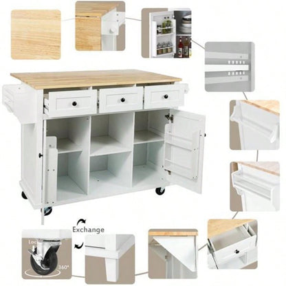 Kitchen Cart with Rubber wood Drop - Leaf Countertop, Cabinet door internal storage racks, Kitchen Island on 5 Wheels with Storage Cabinet and 3 Drawers Dinning Room, White